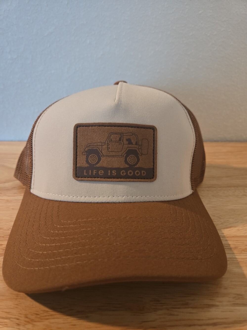 Life Is Good Mens Trucker Hat Beige Brown One Size Hiking Jeep Silhouette New